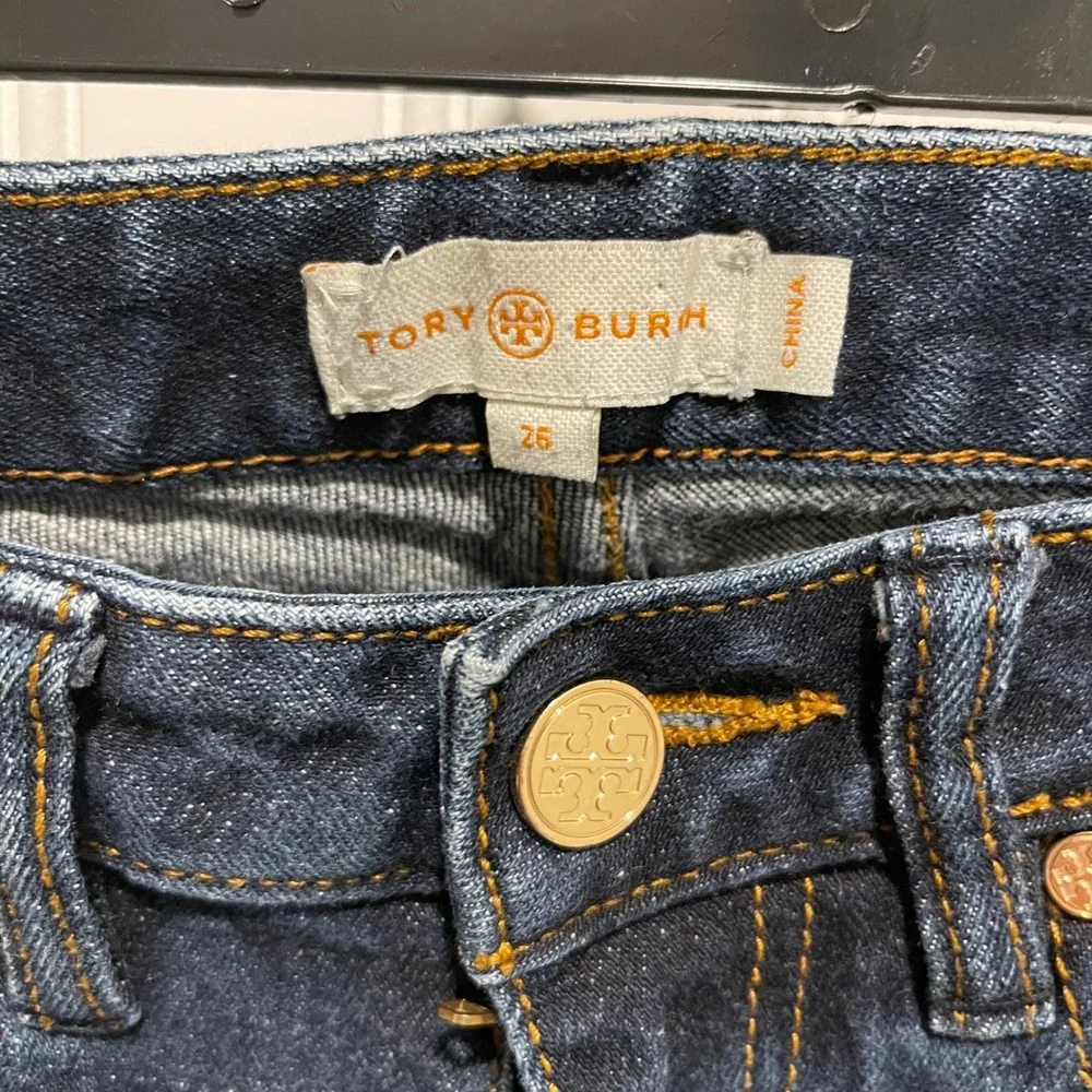 Tory Burch Super Skinny Jean Womens 26 Dark Wash Blue Gold Logo Hardware Denim